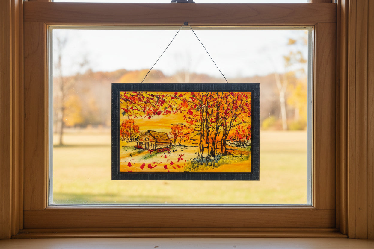 Fall Barn with Blue Grey Frame