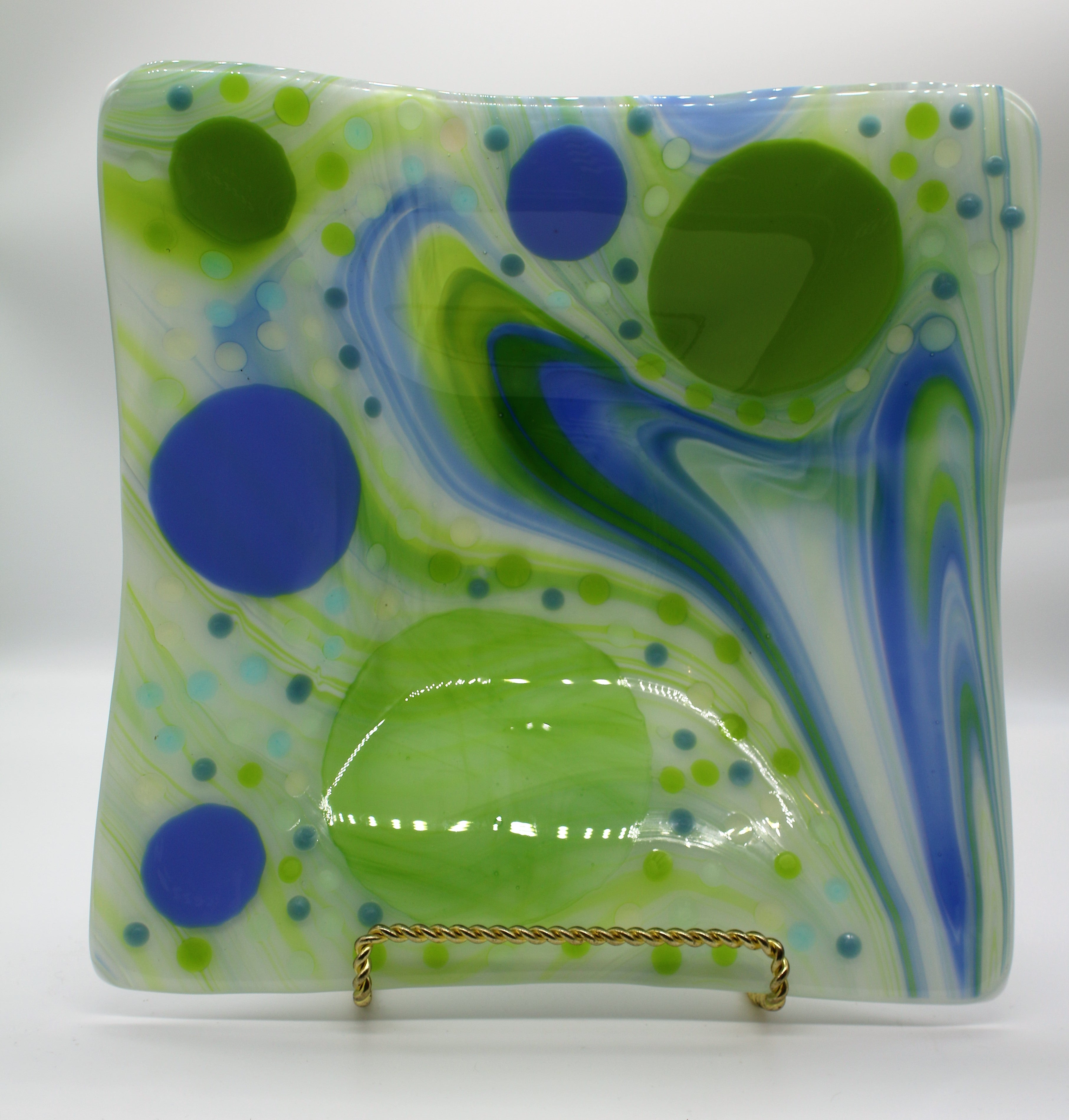 16 Inch Square Green and Blue Bubbles Bowl