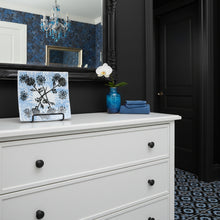 Load image into Gallery viewer, White Dish with Blue and Black Stamping
