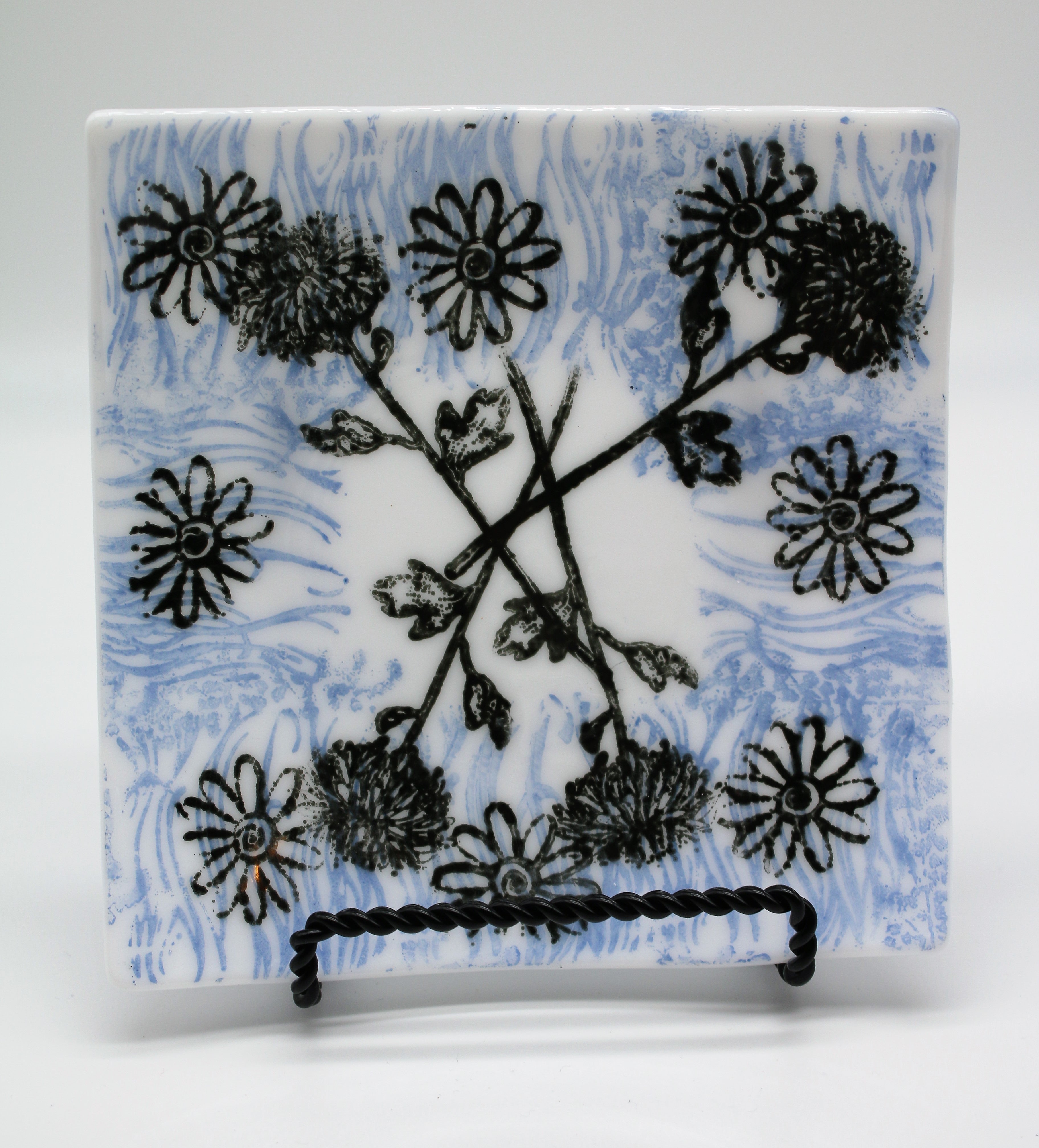 White Dish with Blue and Black Stamping