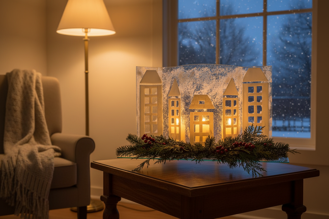 Snowy City in Winter on Wave Glass form