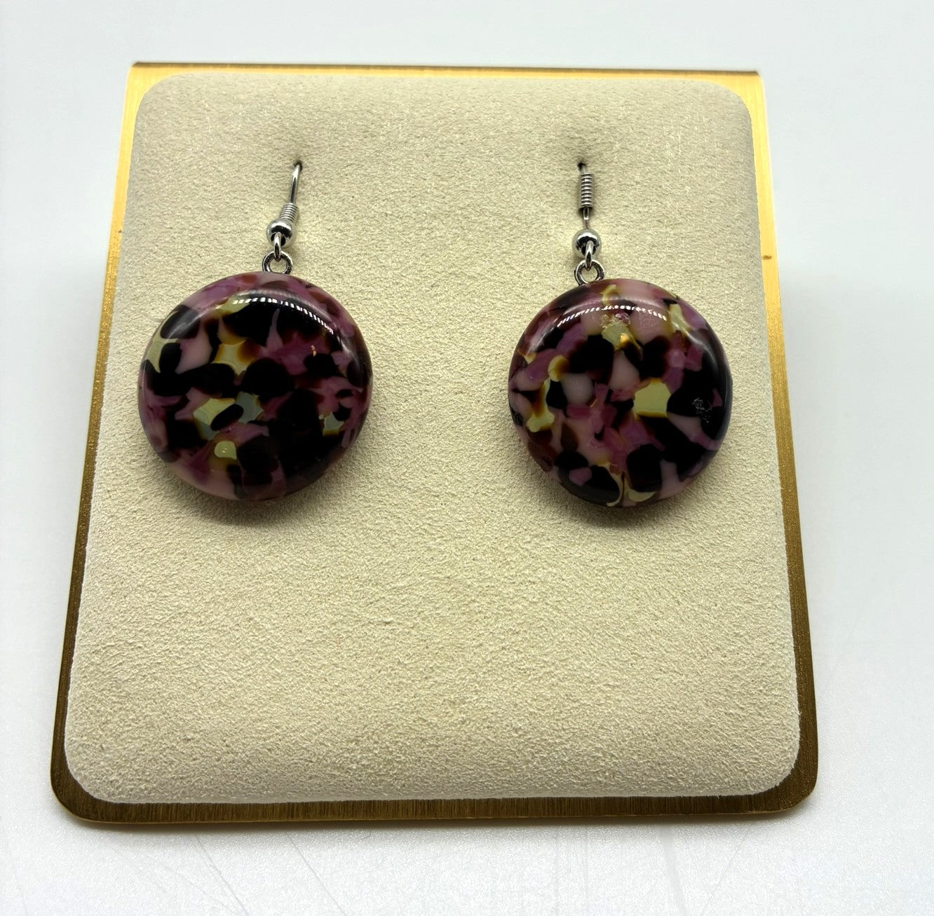 Jewelry - medium dark purple, cream and dichroic glass on silver heart back drop pierced earrings