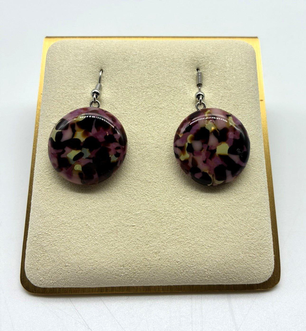 Jewelry - medium dark purple, cream and dichroic glass on silver heart back drop pierced earrings