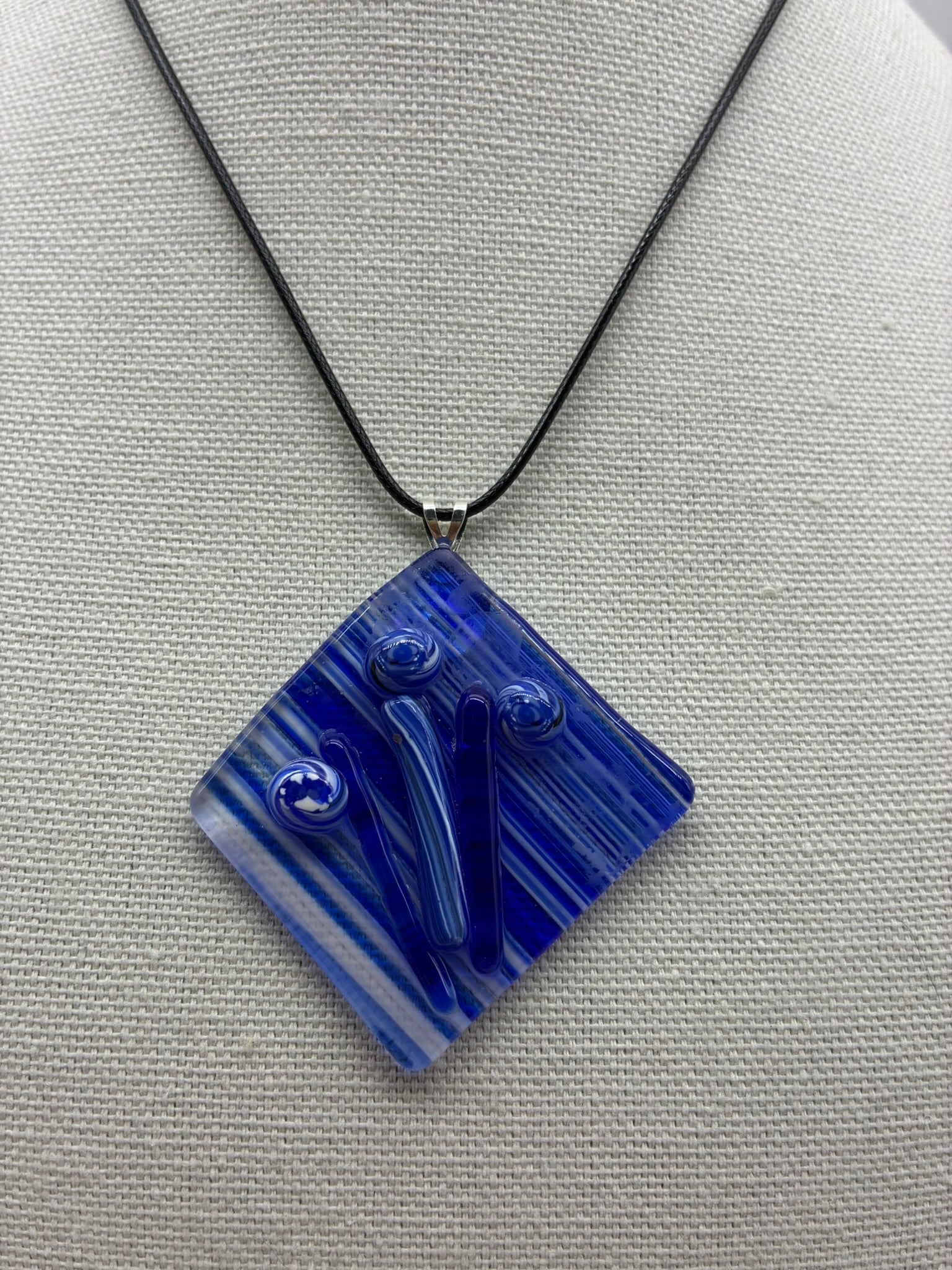 Jewelry- Offset Square of blue and white strip Glass with 3 small blue and white balls