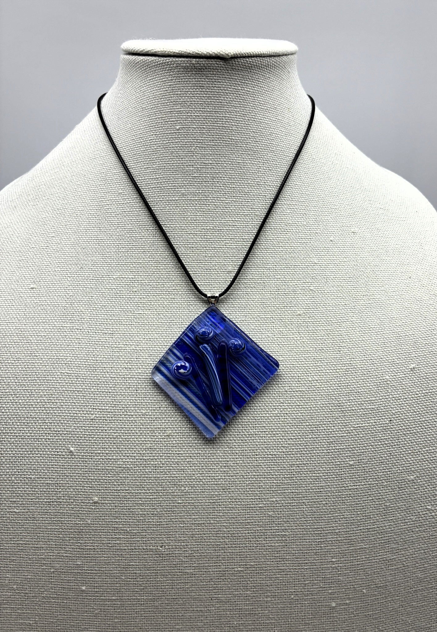Jewelry- Offset Square of blue and white strip Glass with 3 small blue and white balls