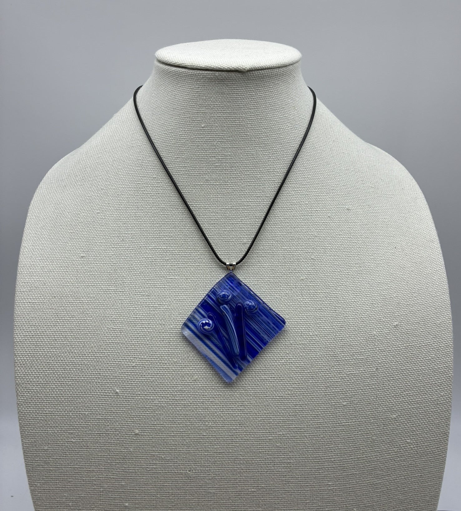 Jewelry- Offset Square of blue and white strip Glass with 3 small blue and white balls