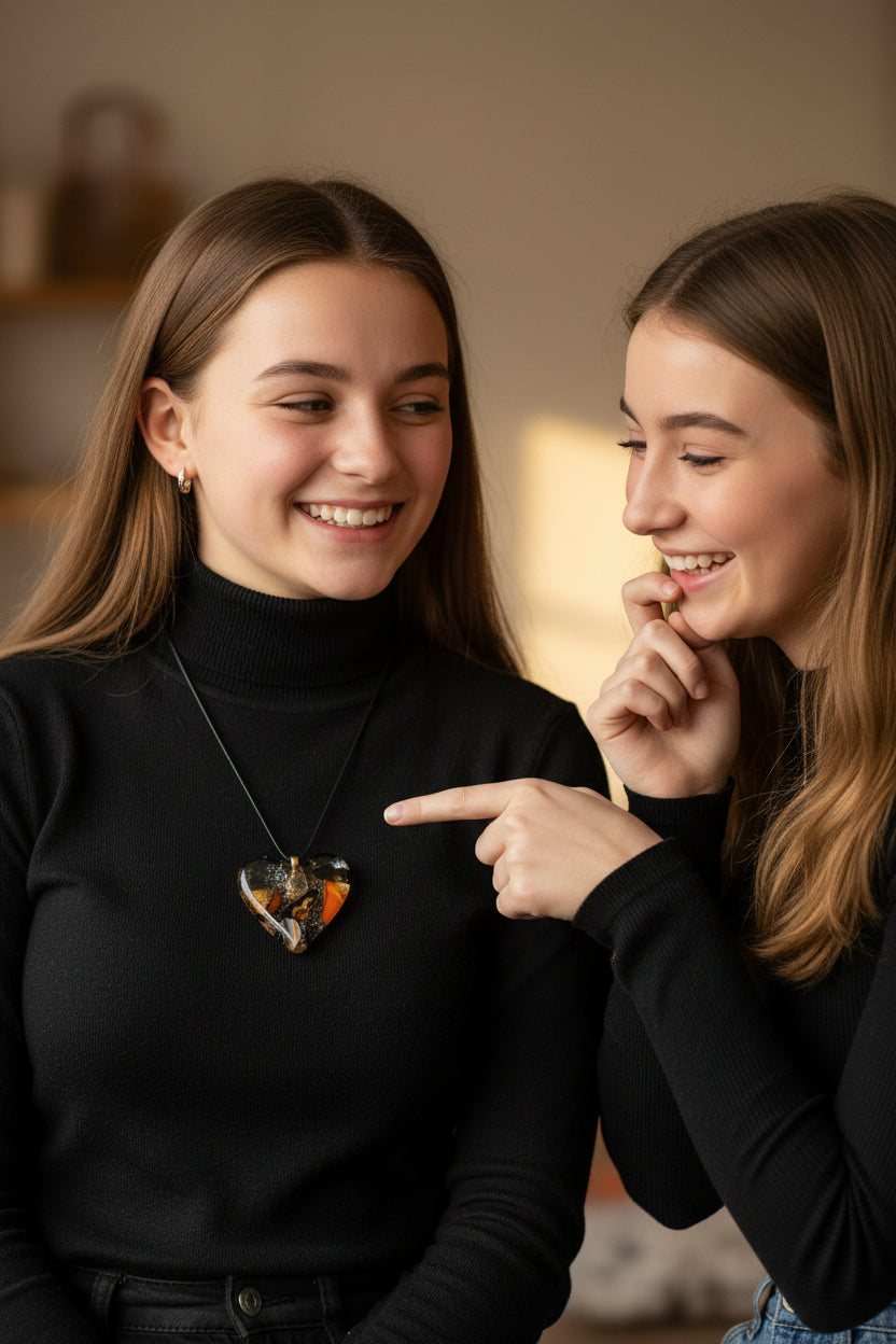 Jewelry -Clear glass heart with colors of orange, gold, black and white glass captured within Heart.