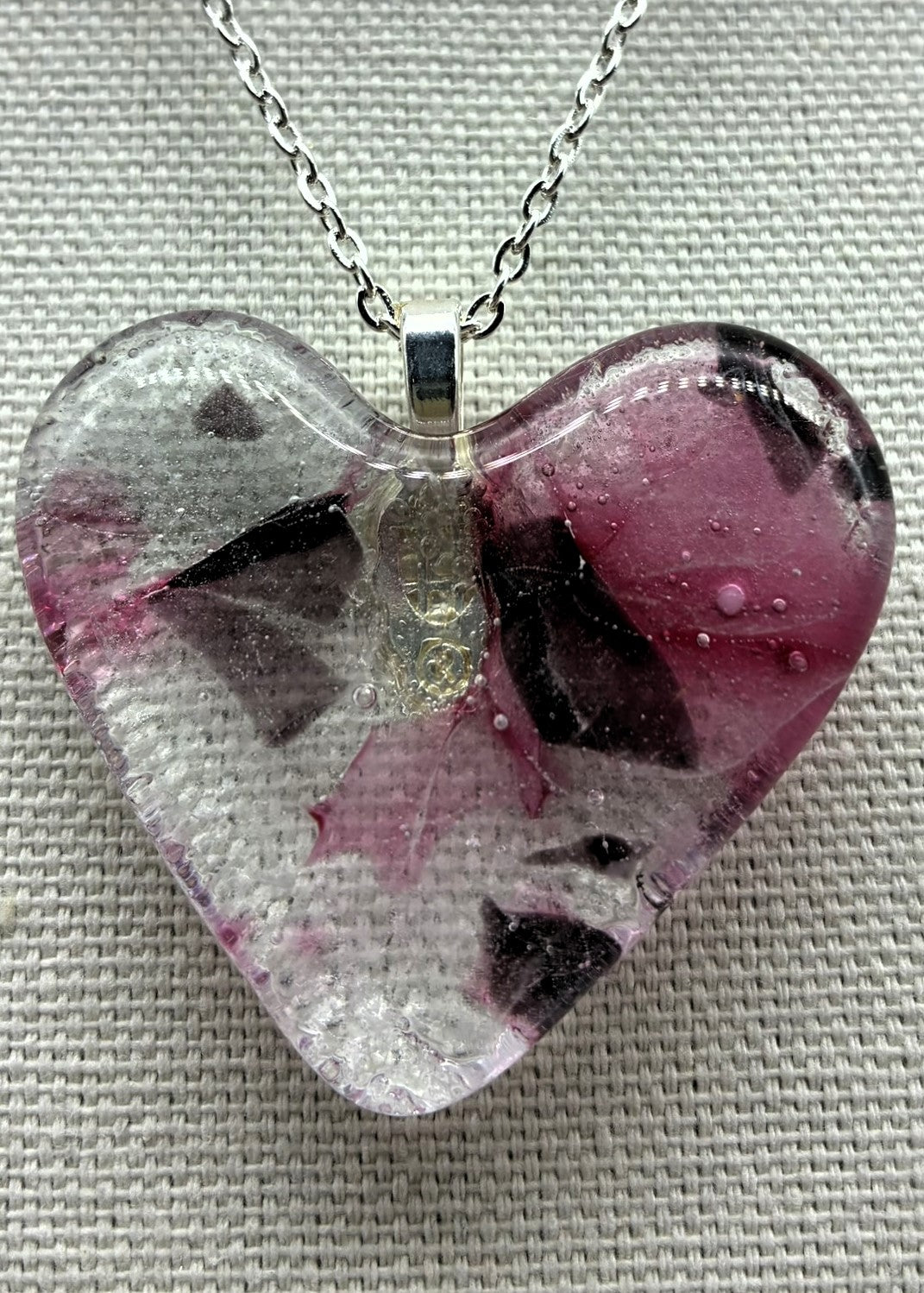 Jewelry - Clear with Pink and dark purple pieces in heart necklace