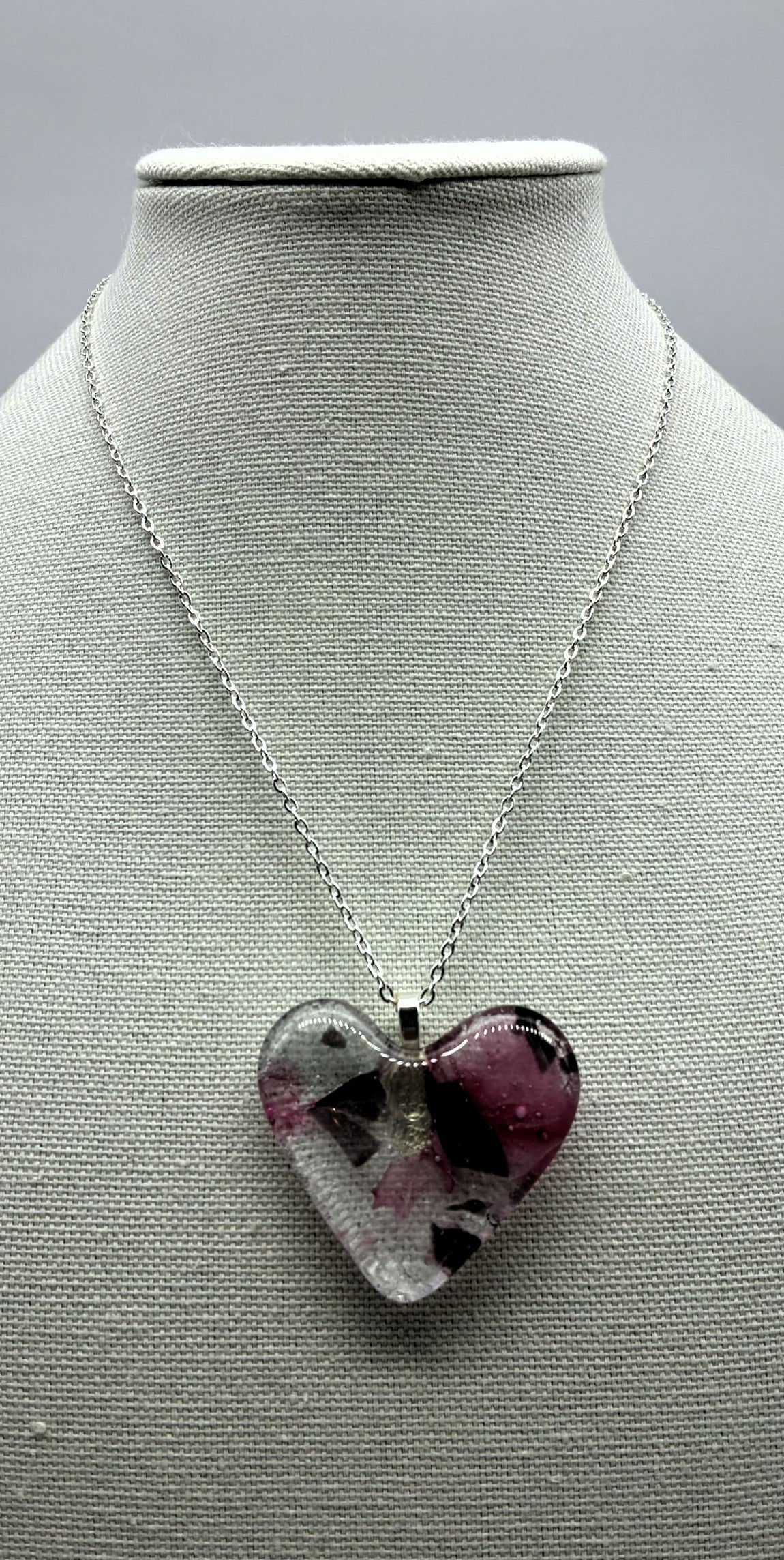 Jewelry - Clear with Pink and dark purple pieces in heart necklace