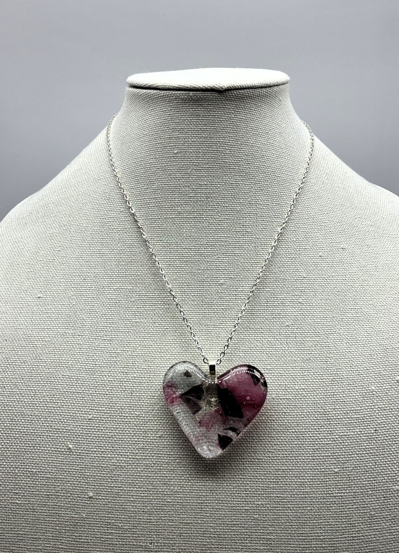 Jewelry - Clear with Pink and dark purple pieces in heart necklace