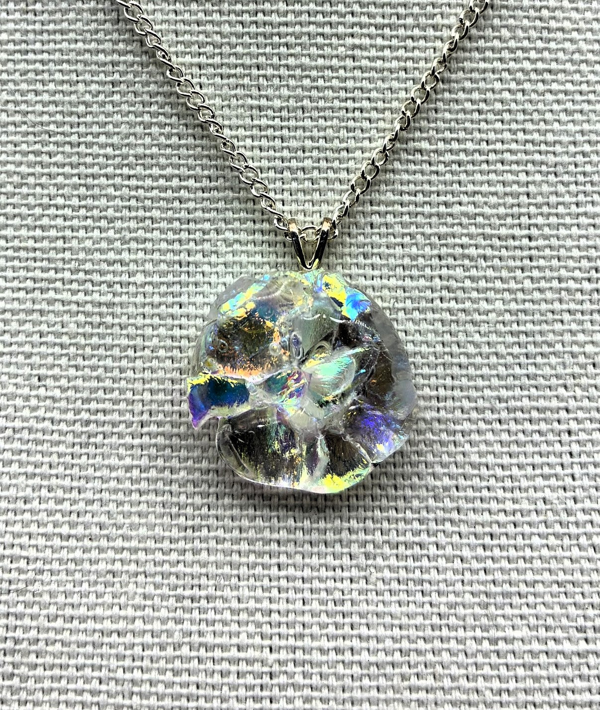Jewelry -Small flower cut round clear pendant with dichroic sprinkles necklace