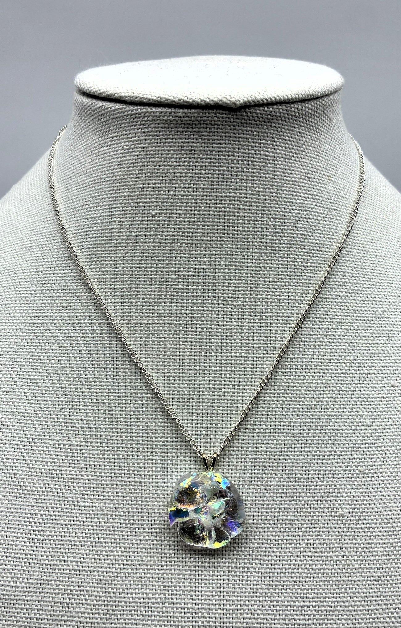 Jewelry -Small flower cut round clear pendant with dichroic sprinkles necklace