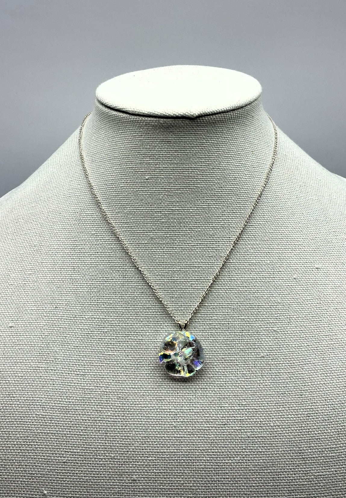 Jewelry -Small flower cut round clear pendant with dichroic sprinkles necklace