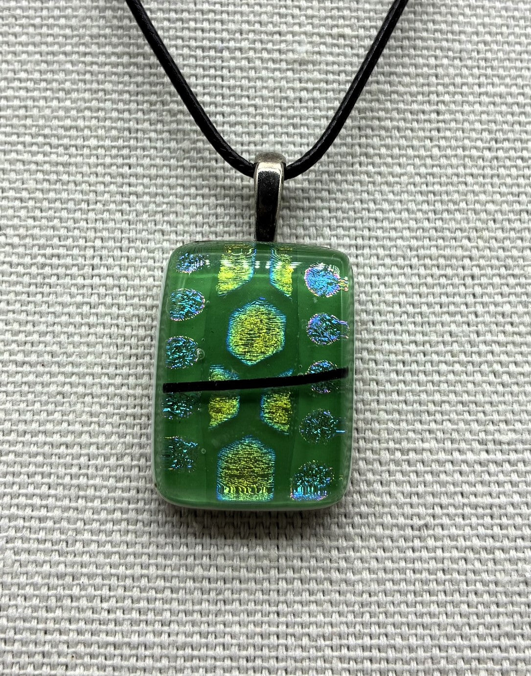 Jewelry - Small Rectangle of white glass with fused top of green & yellow dichroic