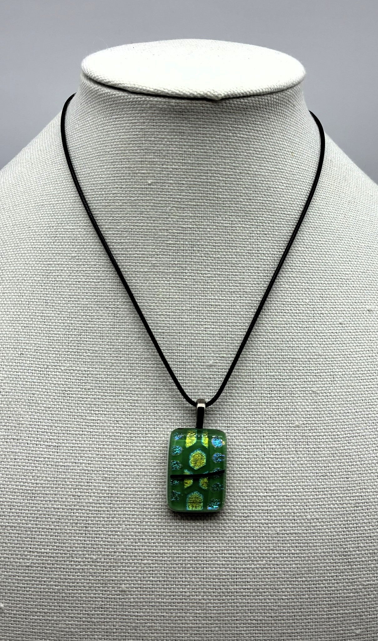 Jewelry - Small Rectangle of white glass with fused top of green & yellow dichroic