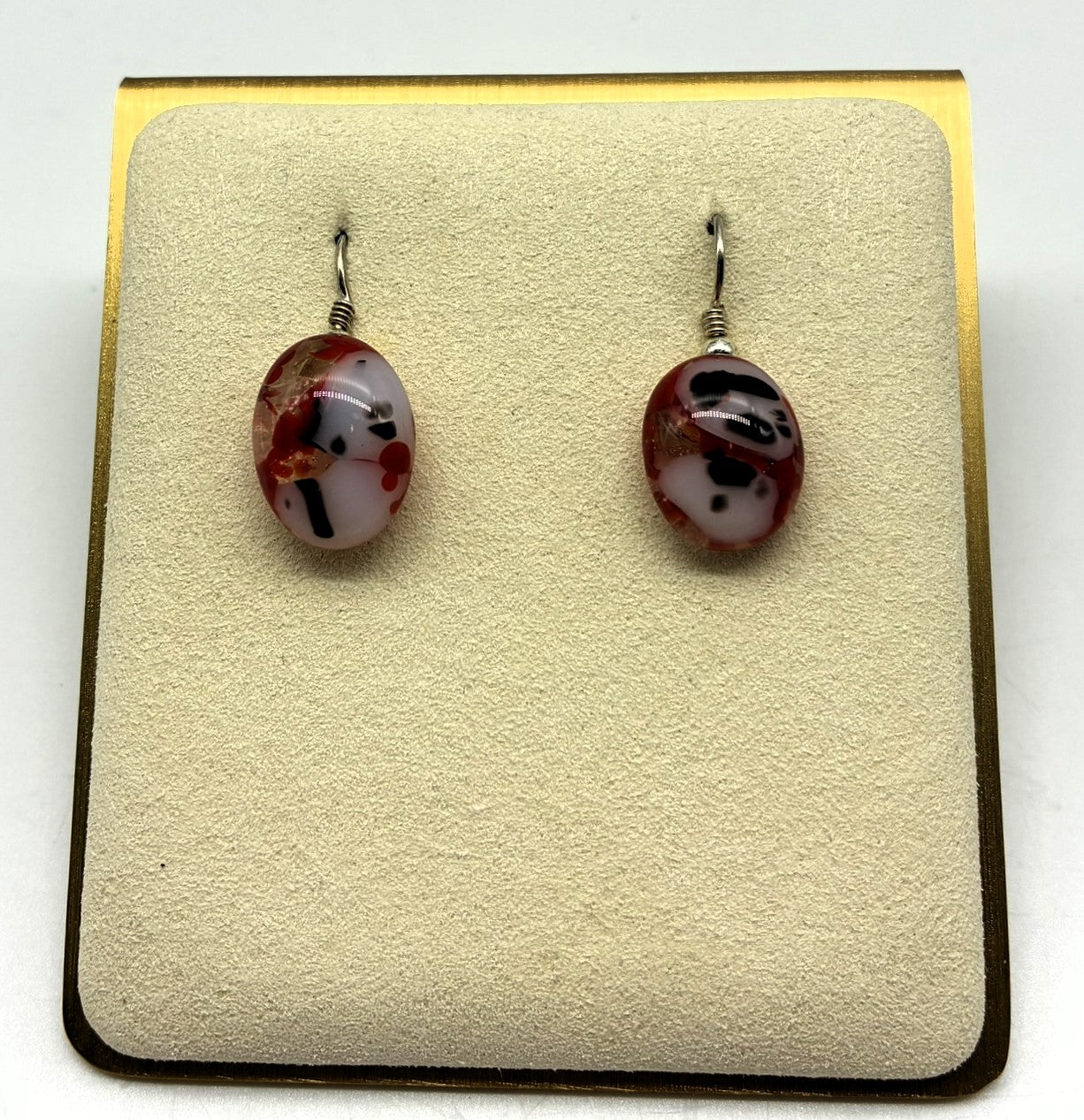 Jewelry - small red, cream and black glass on silver back drop pierced earrings