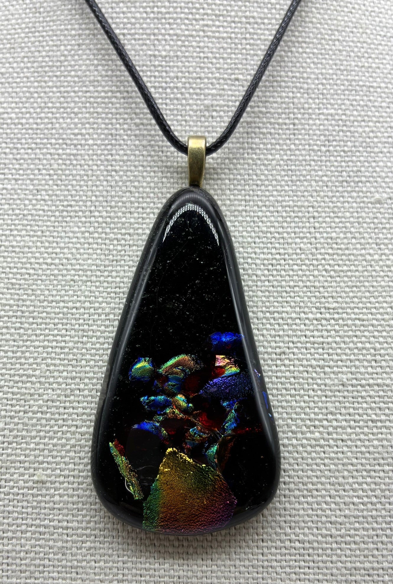 Jewelry - Teardrop Black Pendant Necklace with numerous colors of dichroic pieces