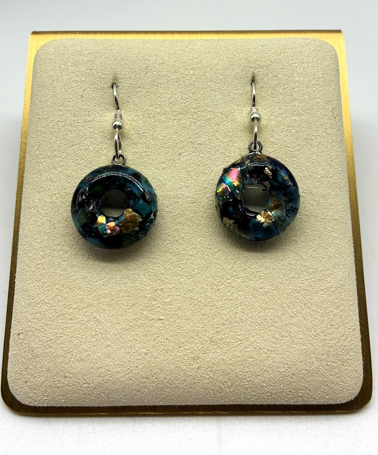 Jewelry - round donut blue with dichroic sprinkles drop pierced earrings