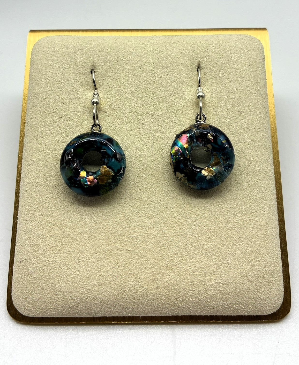 Jewelry - round donut blue with dichroic sprinkles drop pierced earrings