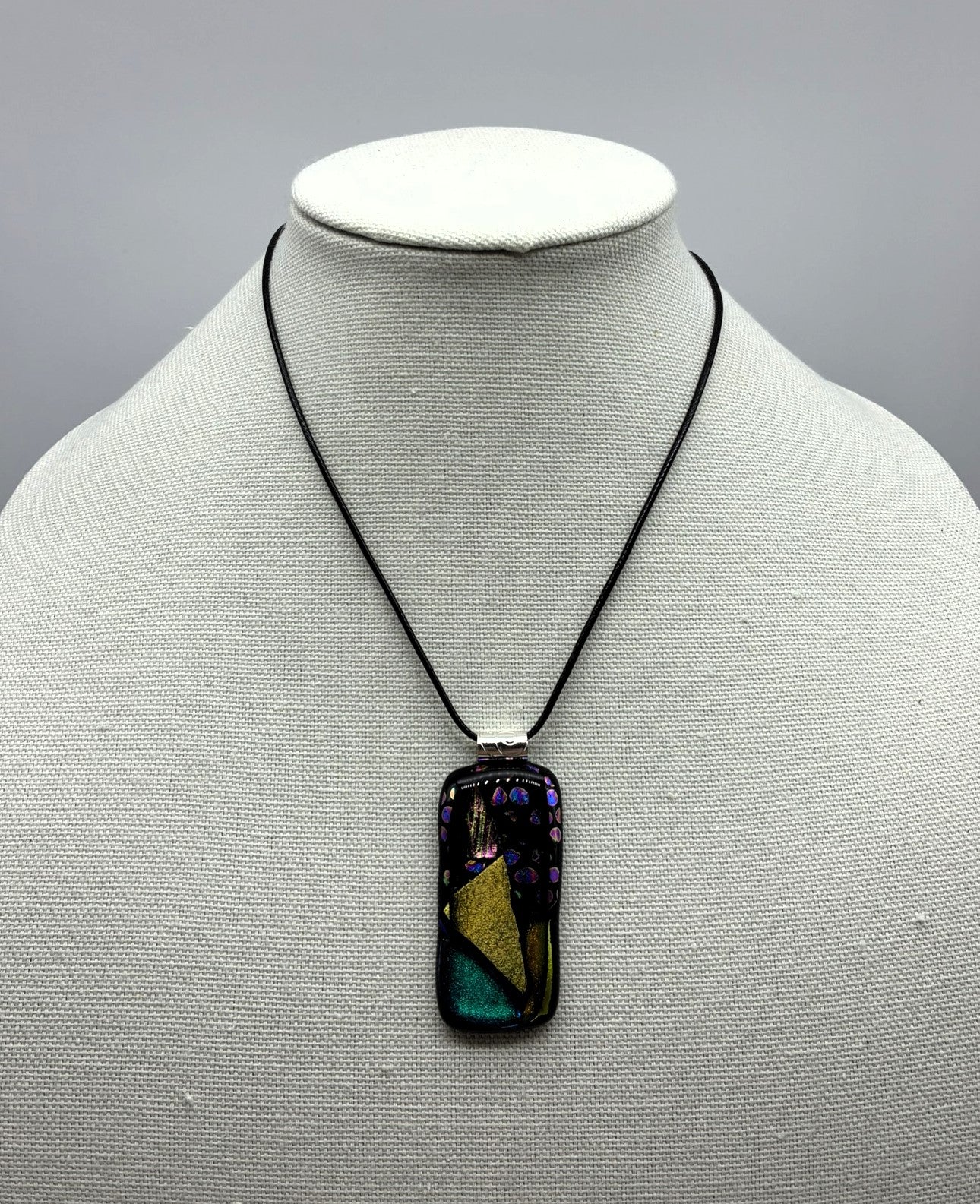 Jewelry - Medium Oblong Black Glass with various shapes and color of Dichroic Glass embedded
