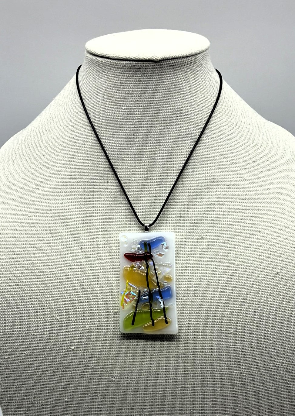 Jewelry- White Oblong glass with Multi Colored glass and dichroic glass.