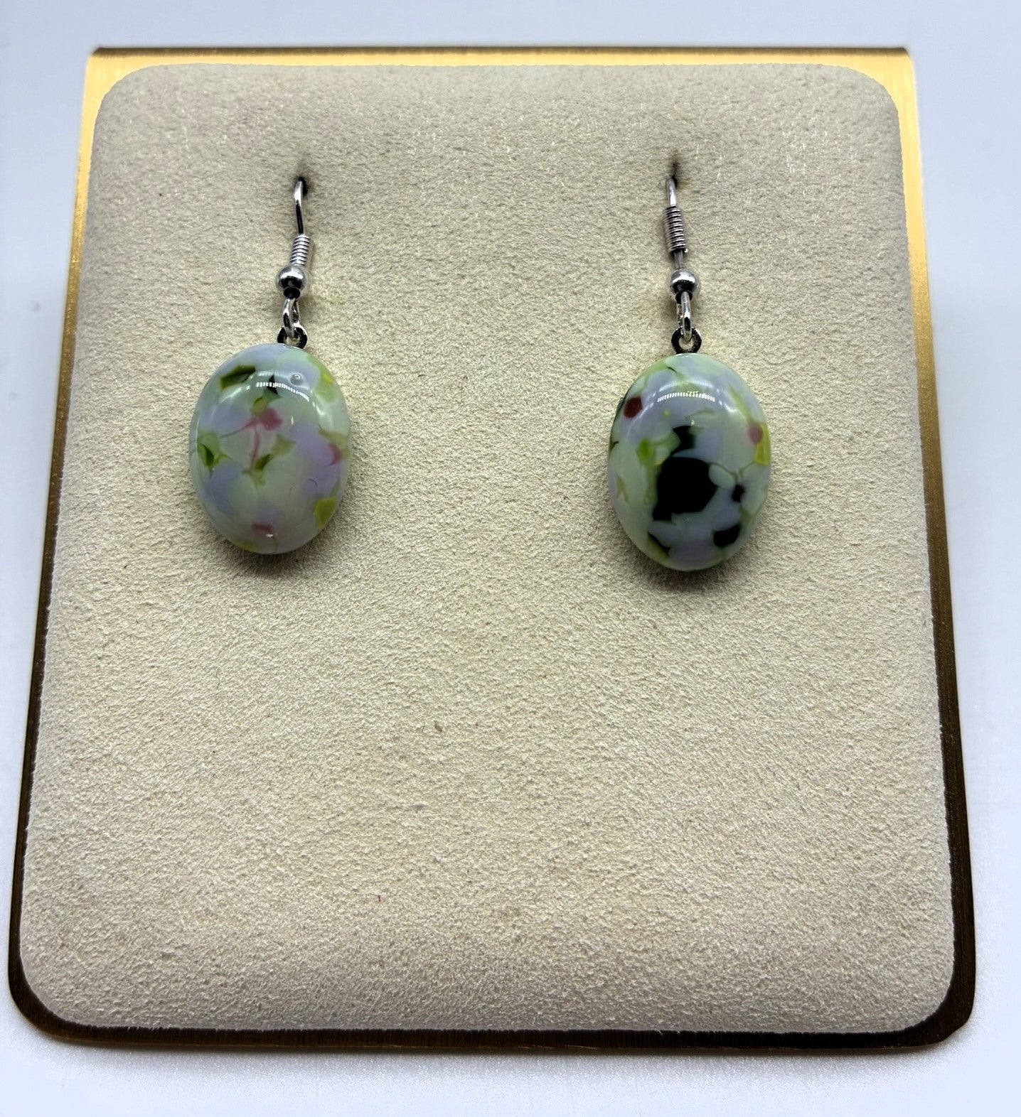 Jewelry - small oval mixed green and cream & pink glass on round silver back drop pierced earrings