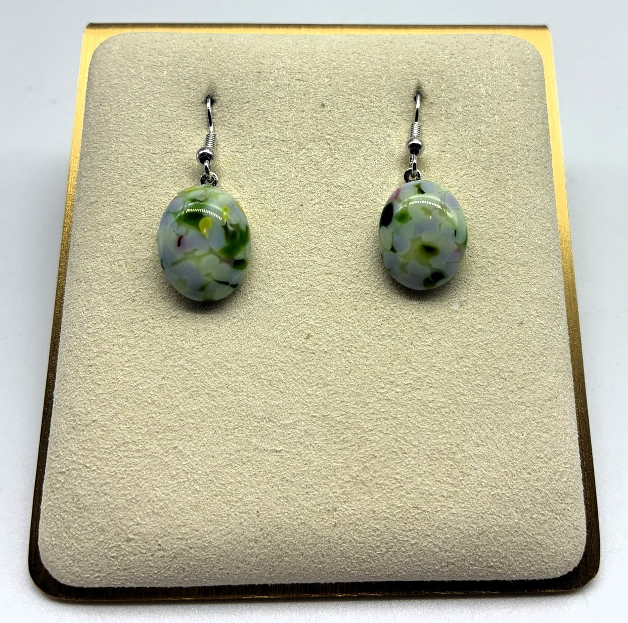 Jewelry - small oval mixed green and cream & pink glass on round silver back drop pierced earrings
