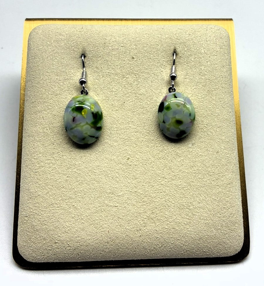 Jewelry - small oval mixed green and cream & pink glass on round silver back drop pierced earrings