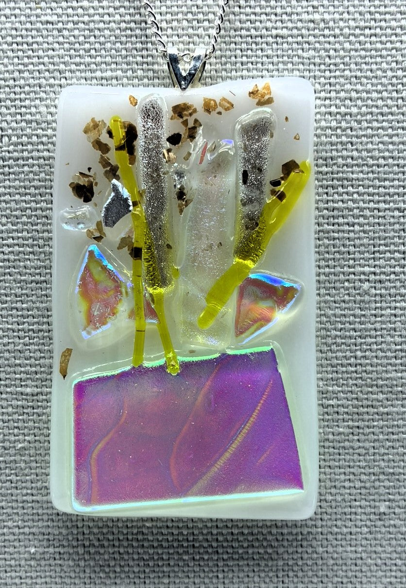 Jewelry- White Oblong glass with Silver, yellow and gold pieces of glass