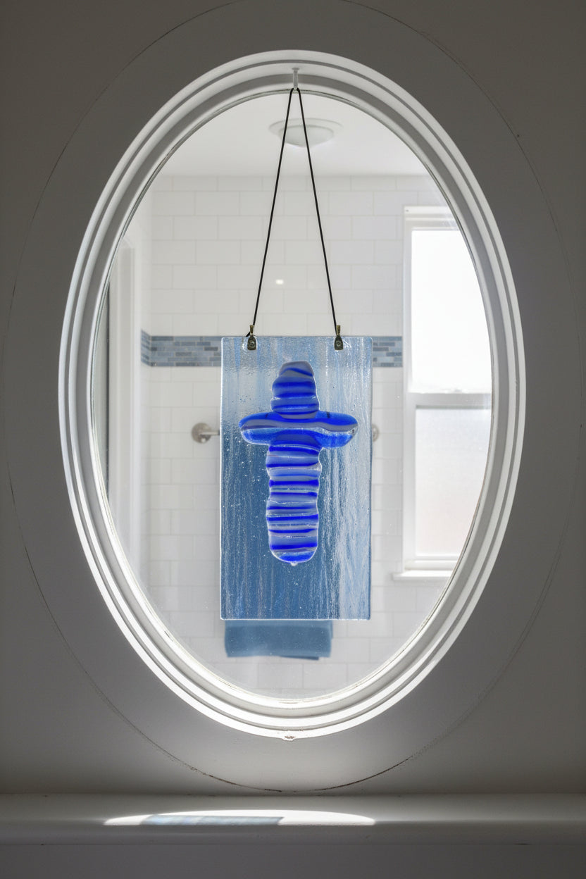 Blue Stacked Cross on Blue Transparent Glass Suncatcher