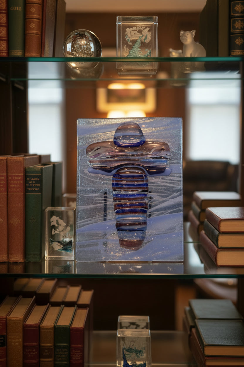 Large Cross on Blue and white Whispy Transparent Glass