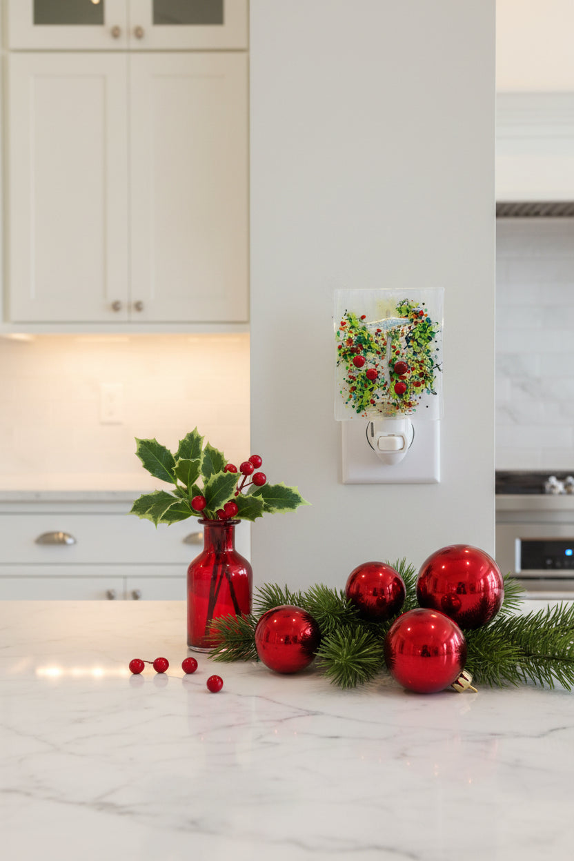 Christmas White Cross on Clear & White streaky Glass surrounded by Ivy and red berries