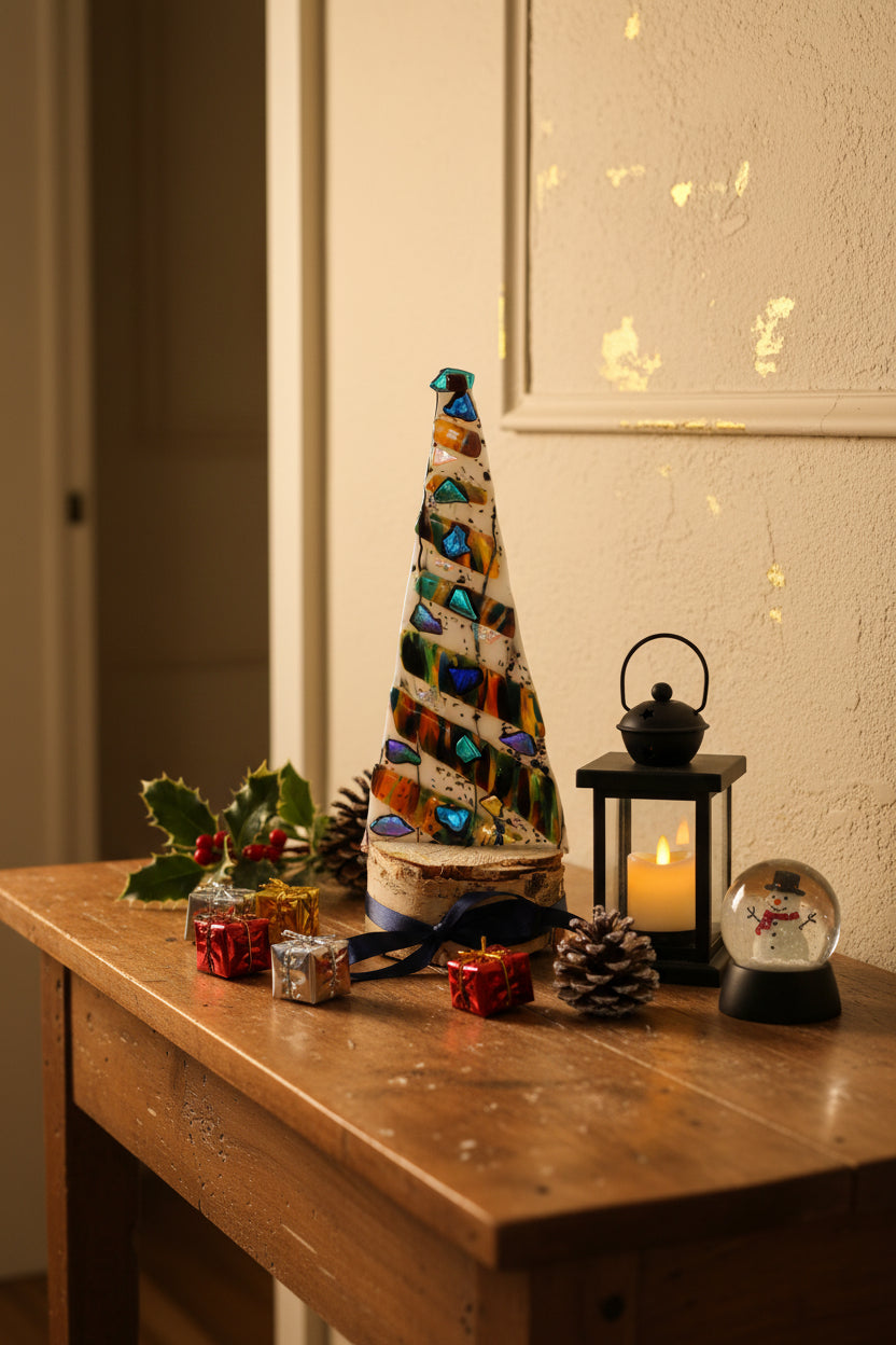 Christmas Tree with multicolor blown glass and dichroic pieces in birch Wood Stand