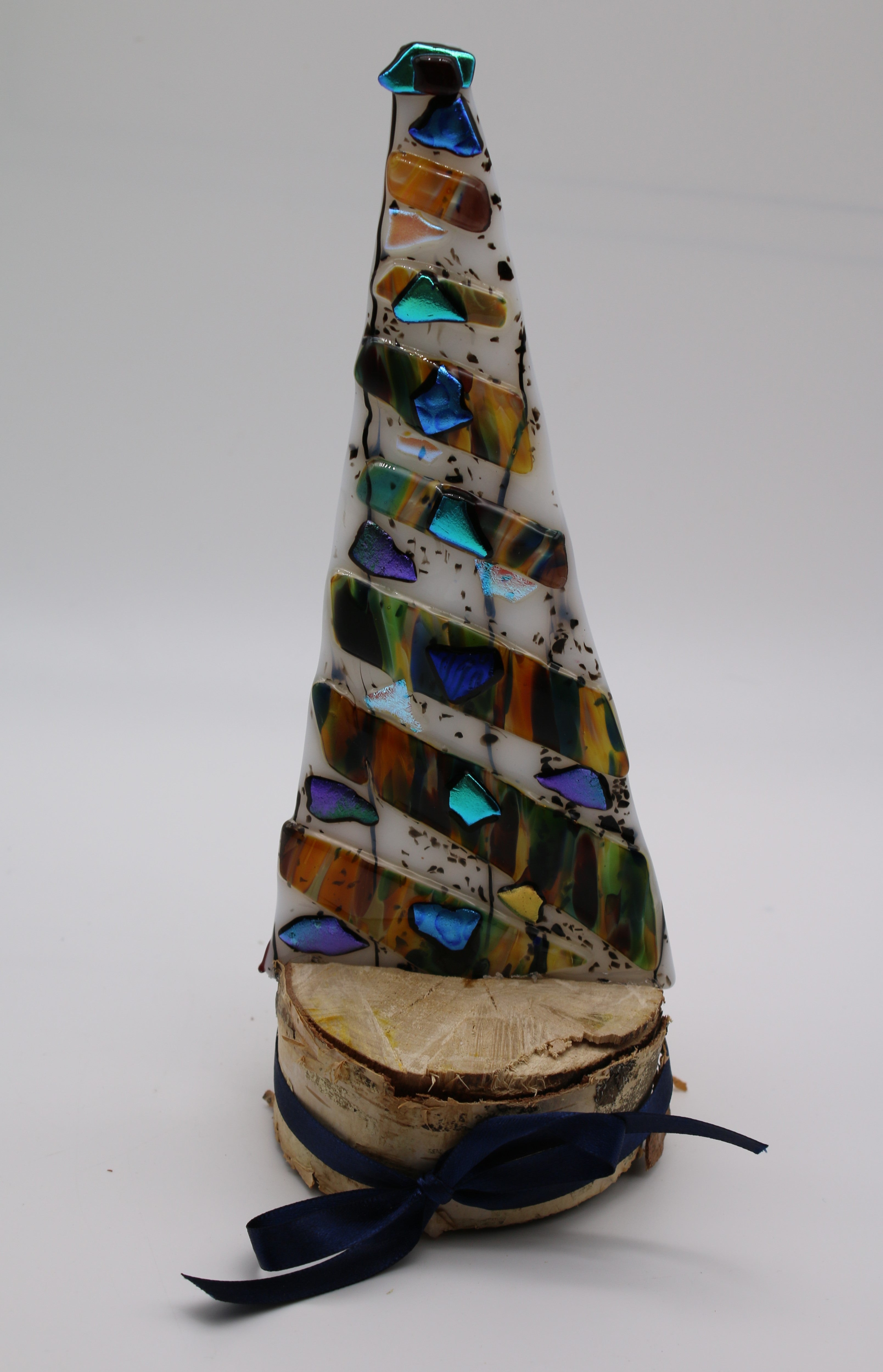 Christmas Tree with multicolor blown glass and dichroic pieces in birch Wood Stand