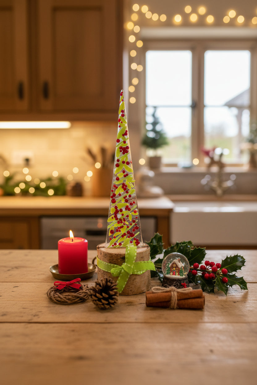 Christmas Lime Green with red berries tree in Birch Wood Stand
