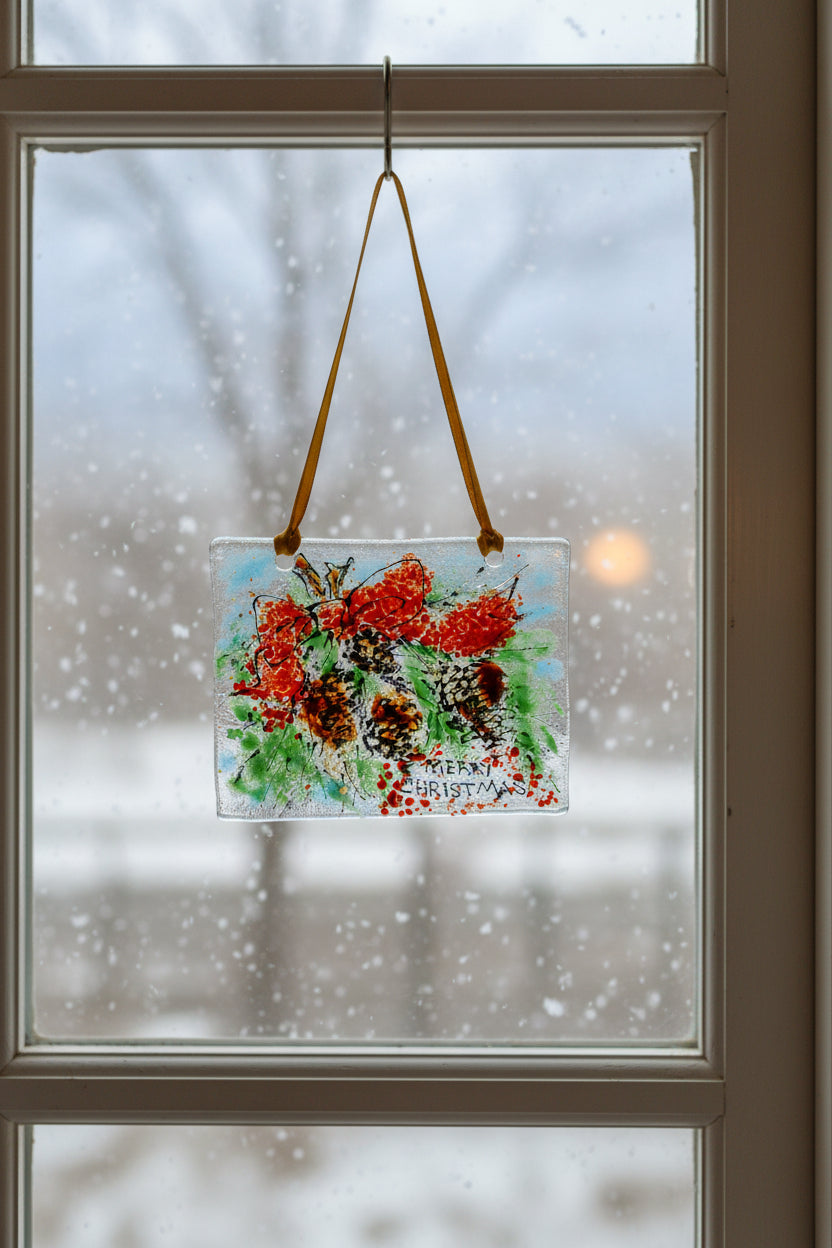 Merry Christmas Pine Cones with Red Bow Suncatcher