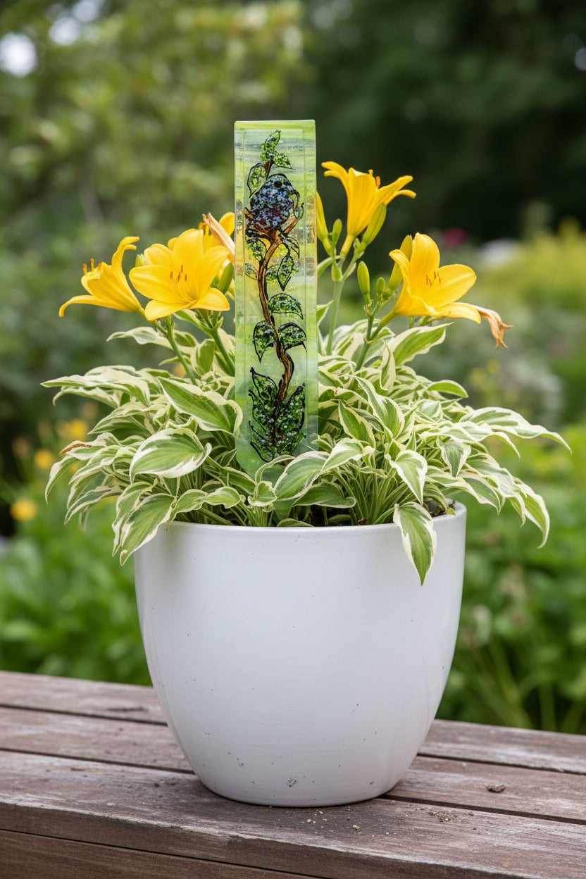 Blue Bird on Green and White Plant Stake