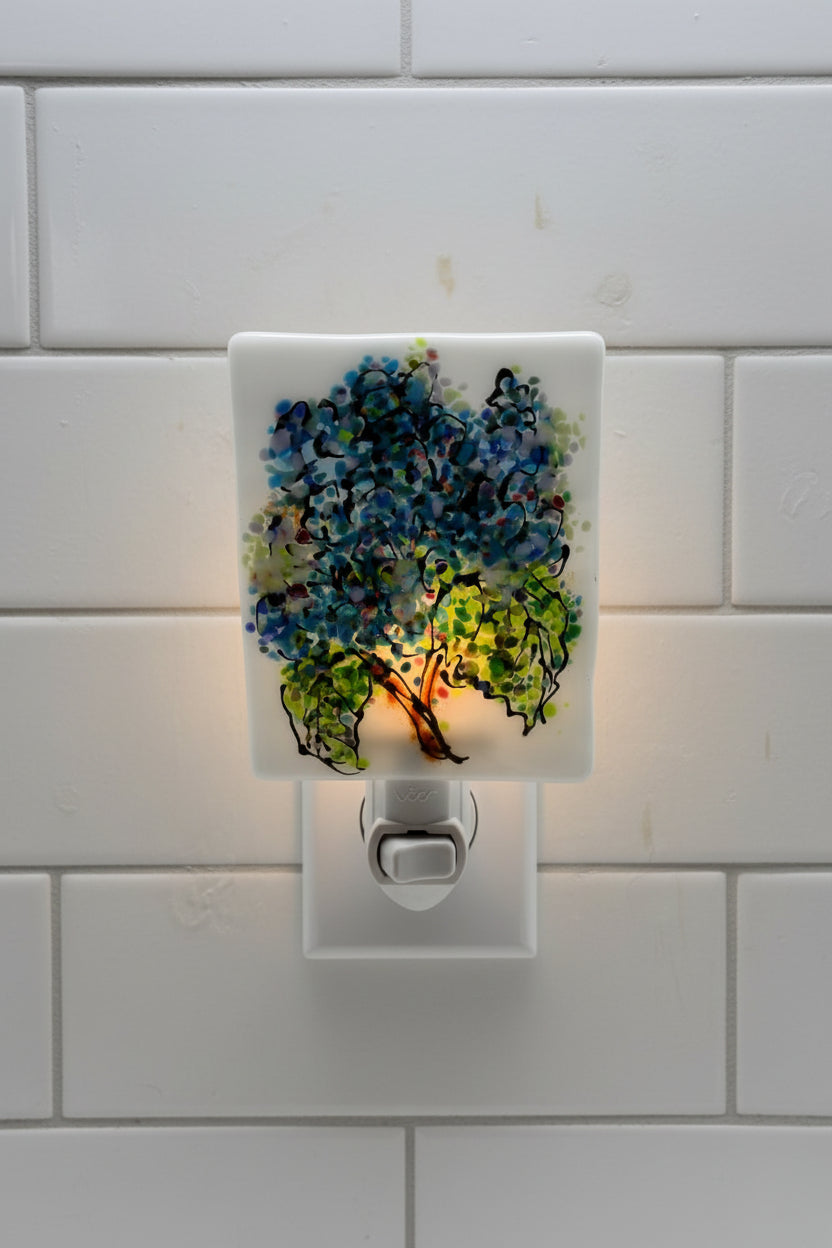 Blue and White Hydrangeas on Opaque White Glass Night Light