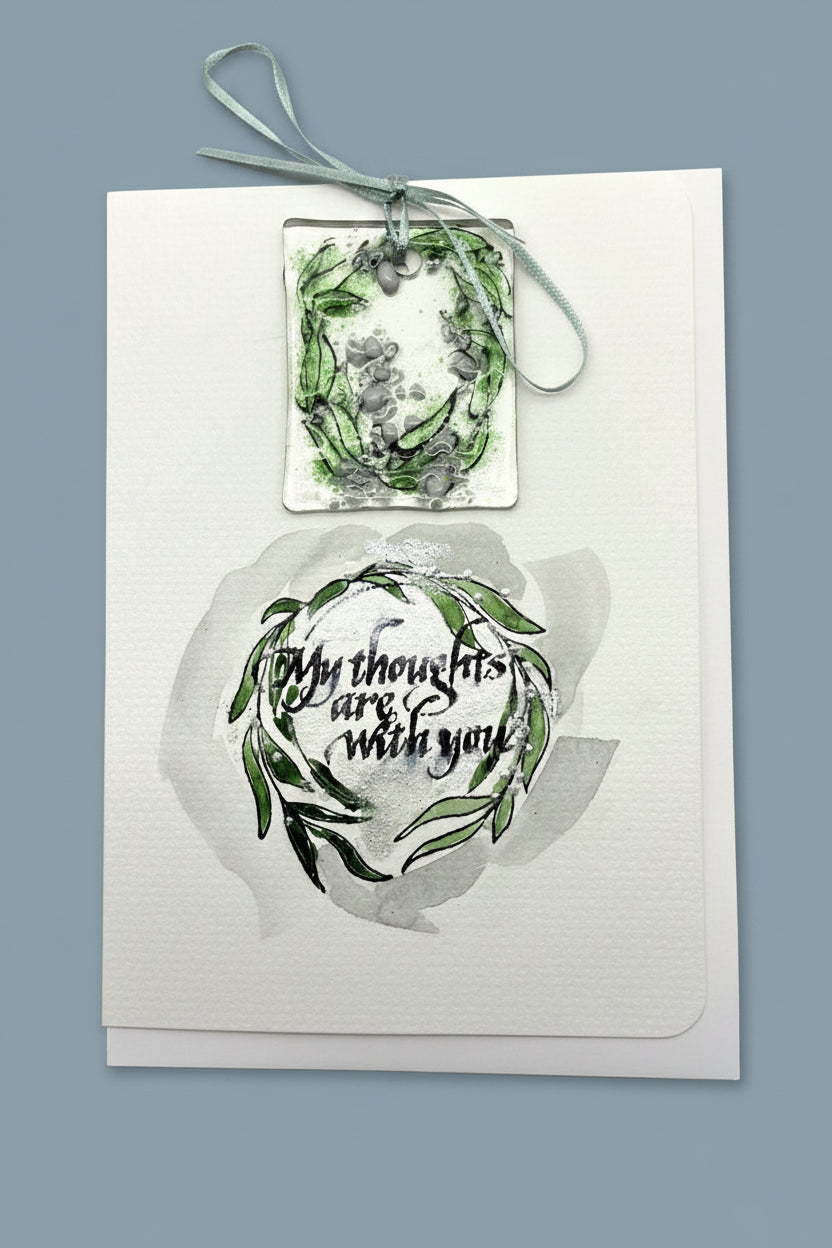 Sympathy watercolor Card with green leaves and sparkle dust