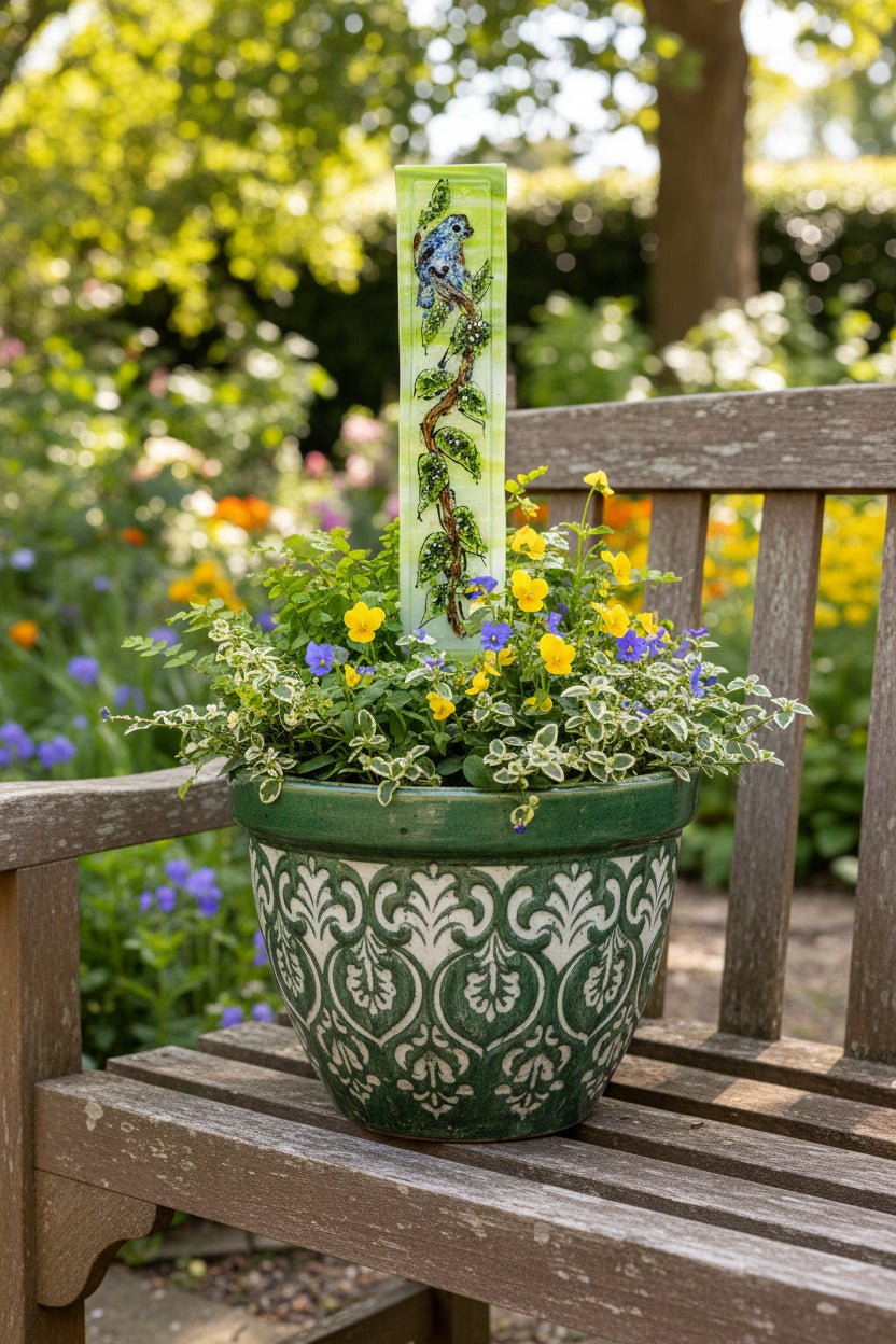 Blue Bird on Green and White Plant Stake