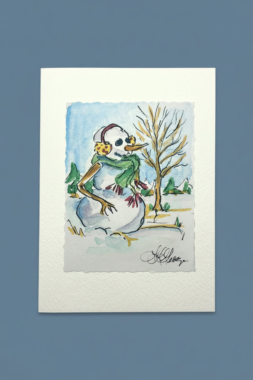 Snowman by Tree Holiday Card