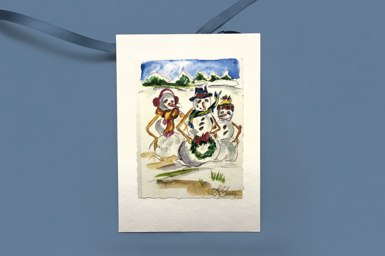 Three Snowmen with Wreath Holiday Card