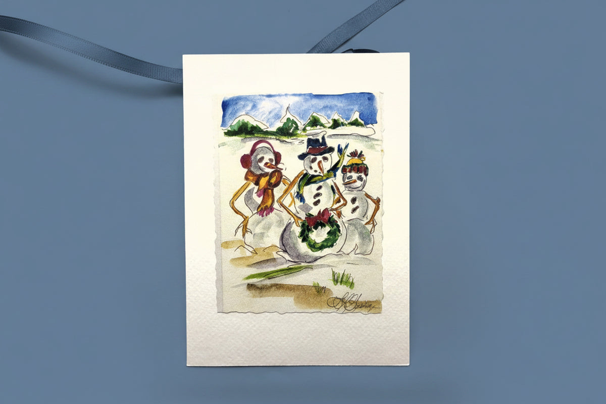 Three Snowmen with Wreath Holiday Card
