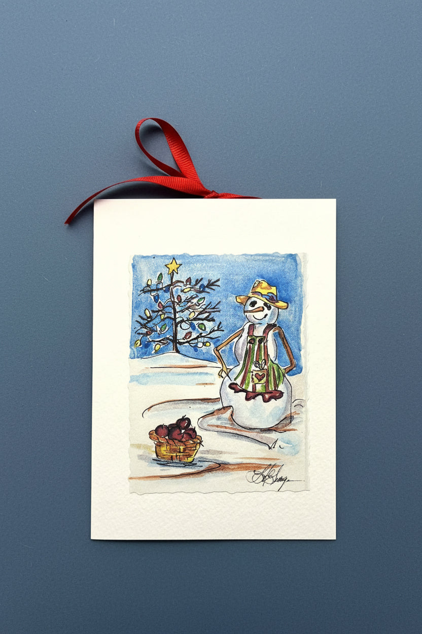 Snowman with Apples & Lighted Tree Holiday Card