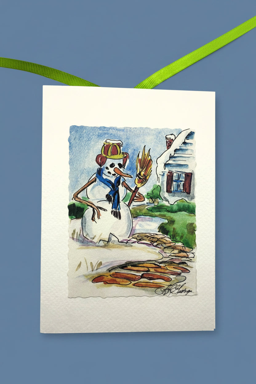 Snowman with Broom Holiday Card