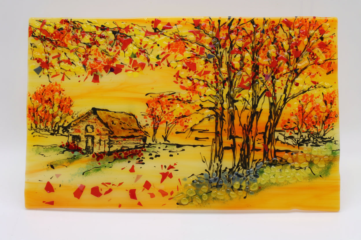 Fall Barn with Blue Grey Frame