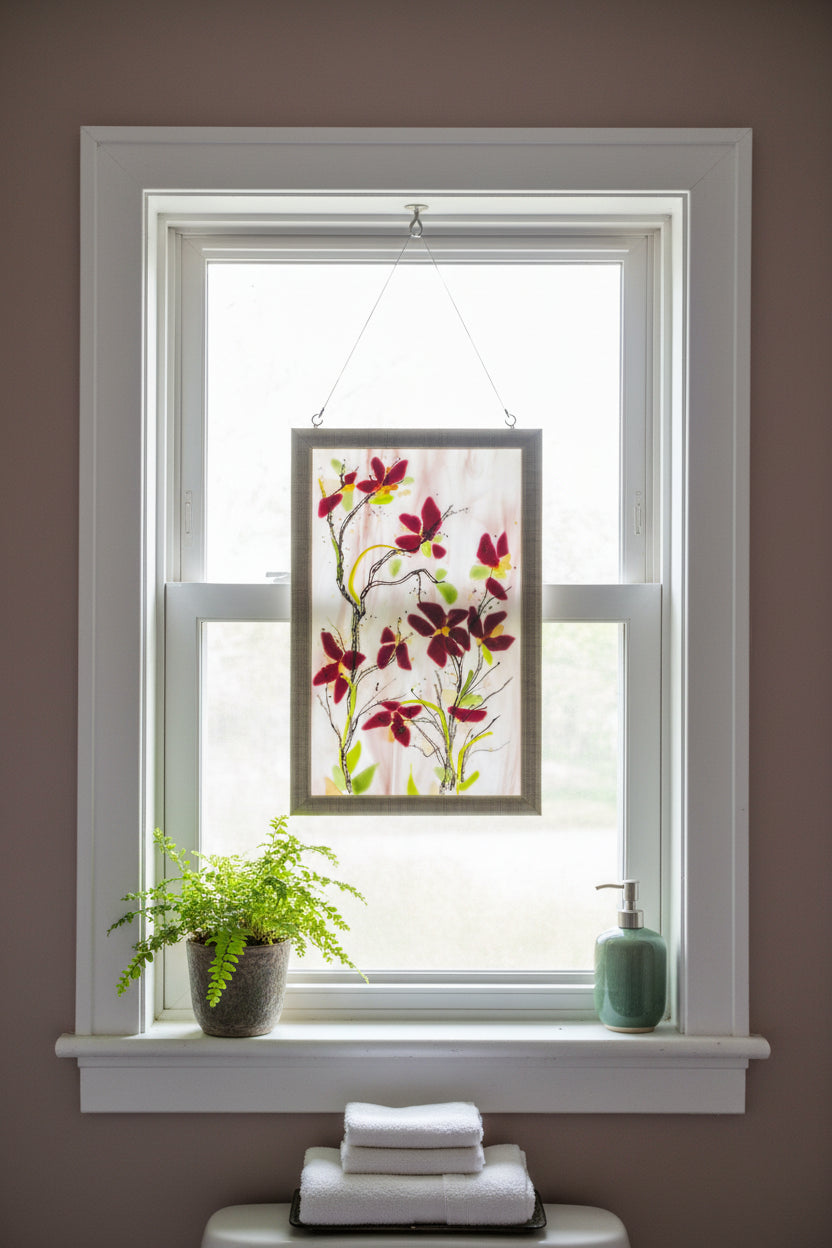 Red Flowers on Pink Streaky Glass Framed