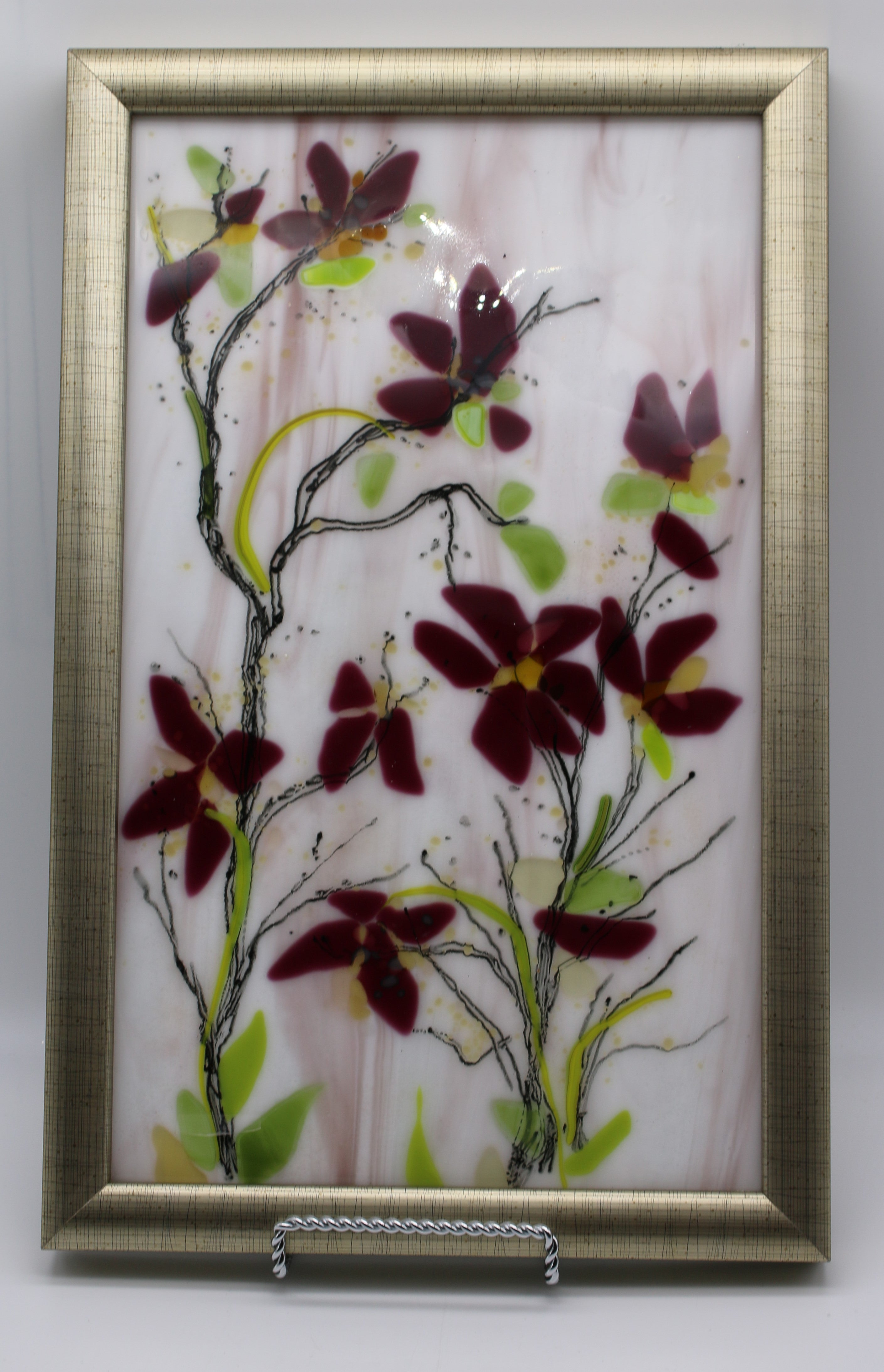 Red Flowers on Pink Streaky Glass Framed