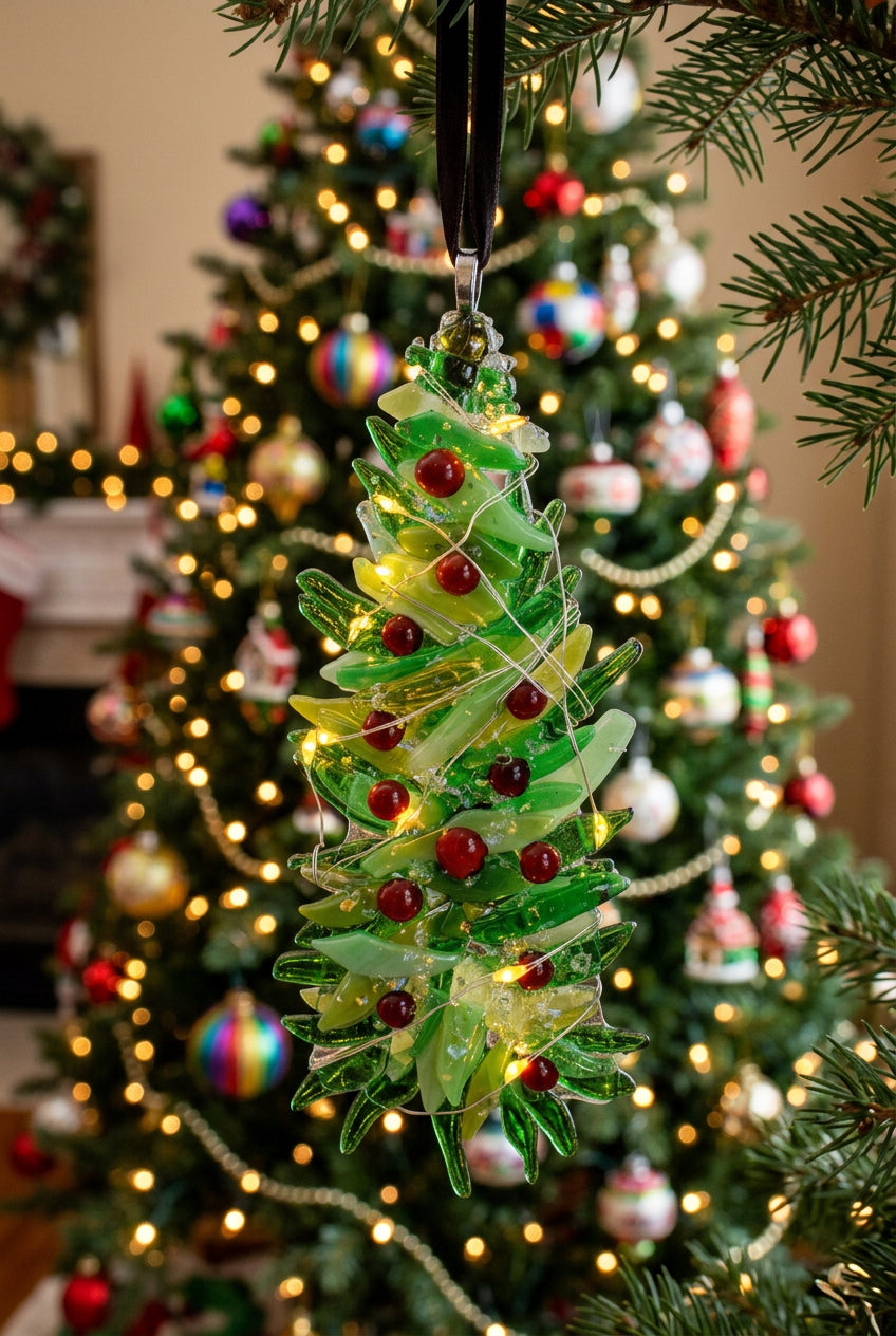 Mixed green Christmas tree with red balls and lights ornament