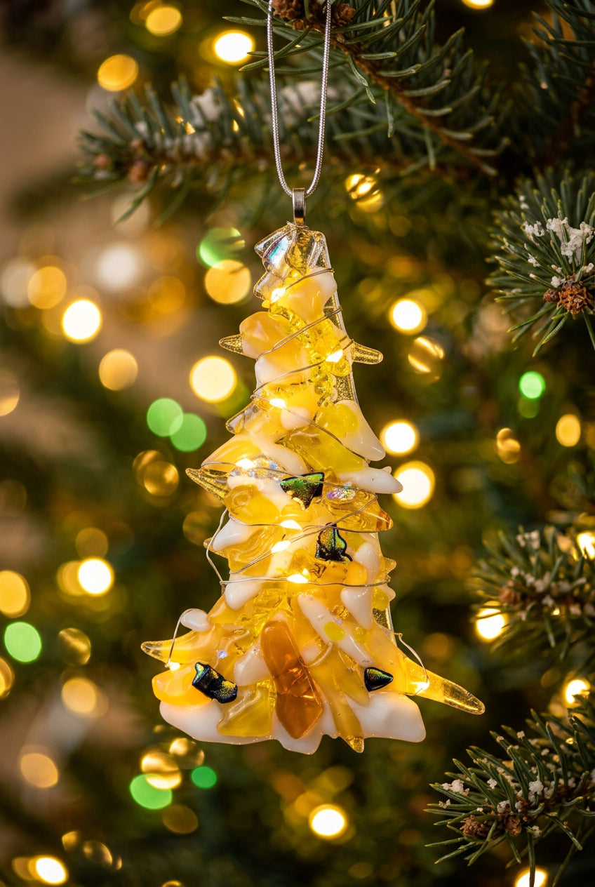 Mixed yellow and white Christmas tree with dichroic and lights ornament